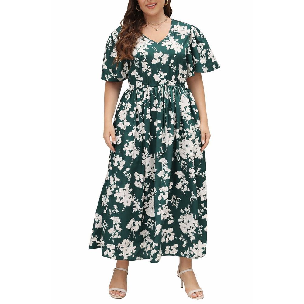 Green Floral V-Neck Maxi Dress Plus Size 2XL NWT Slit Flutter Sleeves Boho